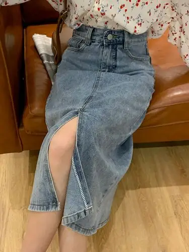 热销包裙冬 半身裙 牛仔_开叉牛仔半身包裙女高腰2020新款中长款包臀a