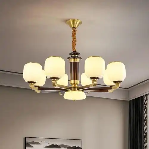 觅物新中式吊灯客厅灯实木全铜新款中国风别墅大气餐厅卧室复式吊灯