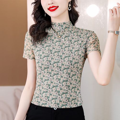 不凡桑蚕丝t恤女半高领网纱上衣女夏季高端体恤碎花洋气小衫时尚气质