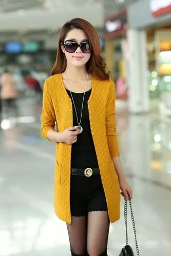 新款秋冬季女式长款开衫毛衣 时尚百搭女式针织衫 女士长外套