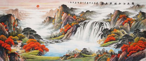 八尺国画山水画纯手绘办公室靠山招财风水大气装饰画秦喜聪00003