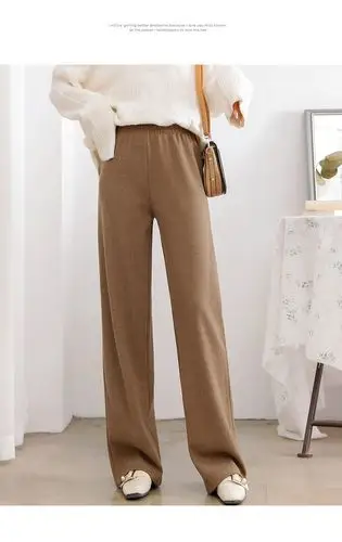 春季长款女式毛线阔脚裤坠感针织阔腿库高腰冬休闲加厚百搭宽松学生