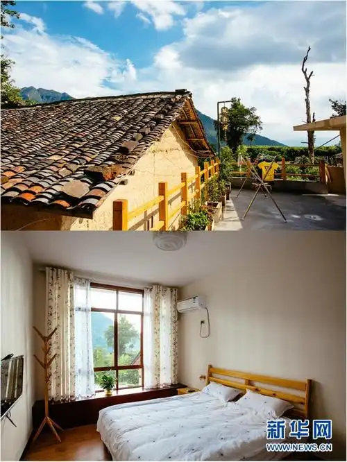 2/78月5日拍摄的拼版照片:位于松阳县西坑村的观云阁民宿外景(上图)和