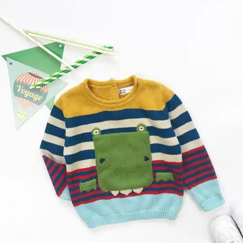 包邮 ins爆款秋冬男女童宝宝纯棉线可爱卡通条纹毛衣儿童彩色恐龙毛衣