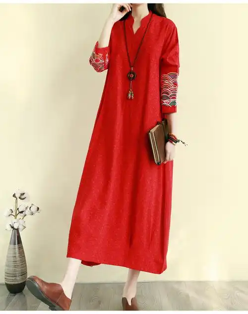 2021文艺民族风棉麻宽松连衣裙秋长款刺绣气质森女系长裙子