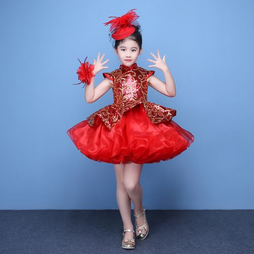 红色表演礼服儿童模特走秀朗诵表演裙女童独唱钢琴幼儿园演出服装