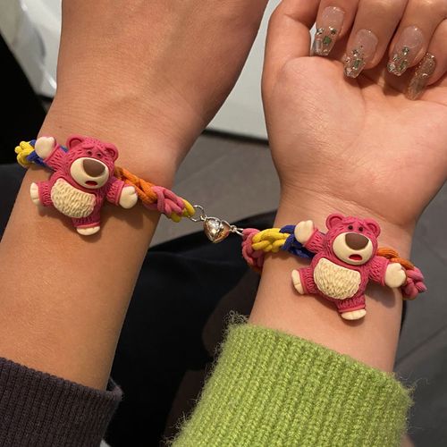 小皮筋手绳发绳草莓熊手工编织情侣手链一对送男友闺蜜礼物女扎头