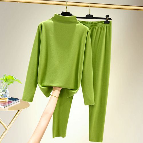 果绿色保暖内衣套装女士双面德绒加绒加厚半高领秋衣秋裤秋冬卡其