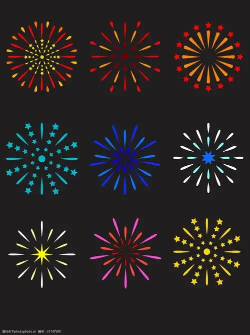 彩色烟花图案扁平矢量素材烟火设计元素集合
