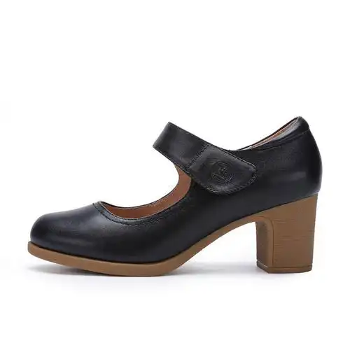 骆驼牌女鞋 舒适粗跟牛皮皮鞋圆头单鞋浅口魔术贴鞋子 w61196502 黑色