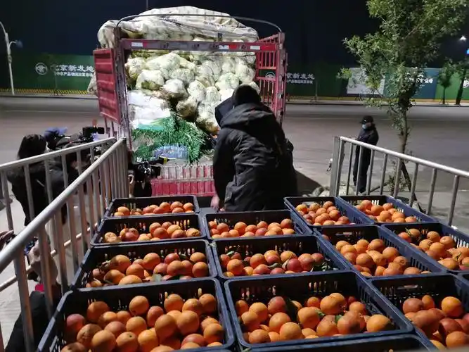 2月10日晚,工作人员将果蔬装车.