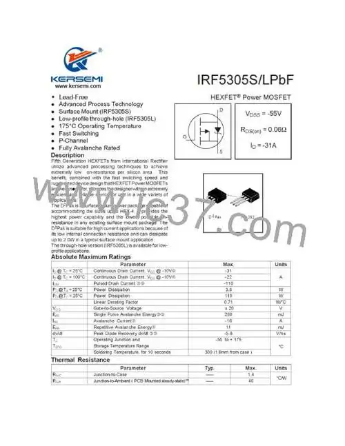 irf5305spbf参数datasheetpdf下载