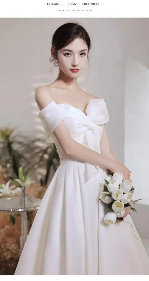 官方缎面白色主持人一字肩模特走秀超仙敬酒服年会风1成年礼服白色xs