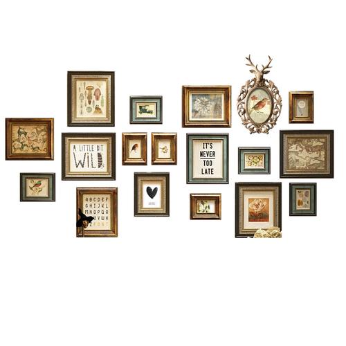 5折)新品实木照片墙鹿装饰客厅美式相框墙复古欧式免打孔楼梯相片墙组