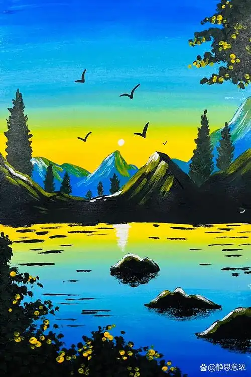 8岁 儿童水粉丙烯画教程《海边日落》