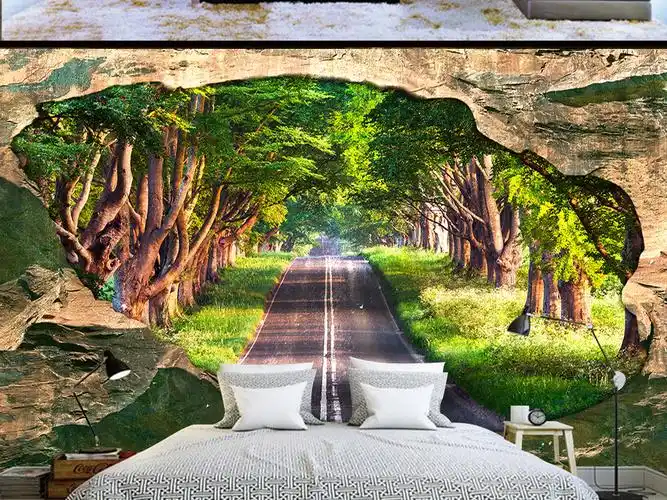 山洞石头墙树林通道3d三d立体大型背景墙