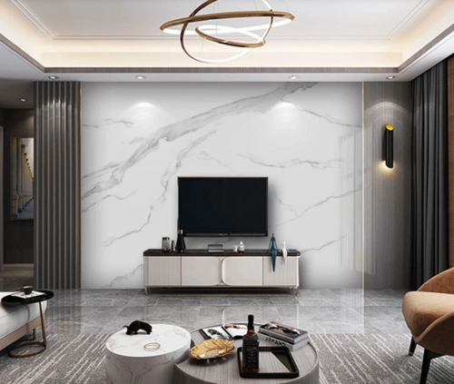 电视背景墙怎么做?石材与木格栅的结合搭配出一种高端大气的效果