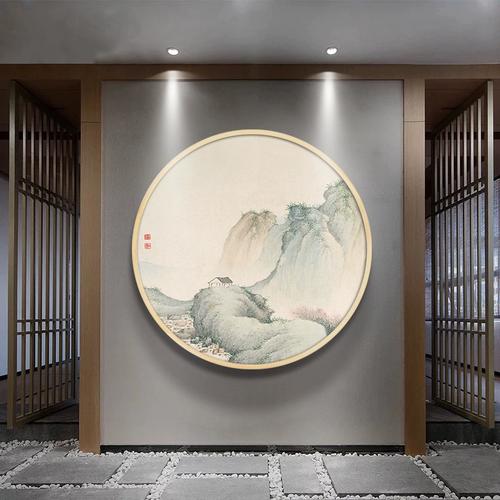 圆形山水挂画电表箱装饰画遮挡客厅入户玄关古风背景墙新中式壁画