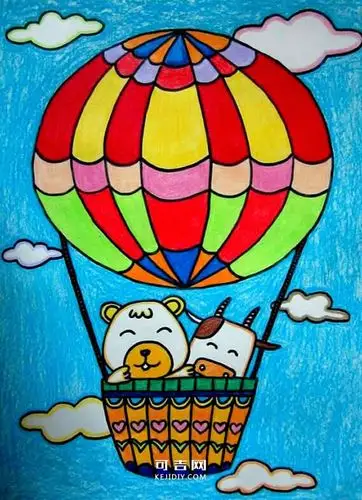 乘坐热气球的小动物蜡笔画--简笔画大全