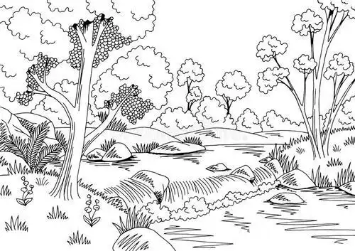 森林河图表黑白色瀑布风景剪影例证