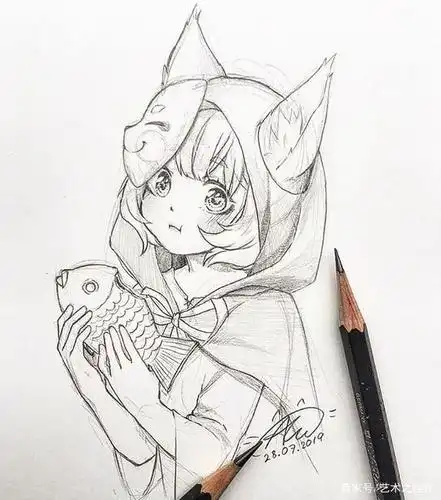 铅笔手绘卡通美少女线稿,画风爱了