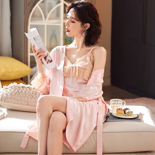 春秋性感冰丝睡衣女夏季仿真丝睡袍两件套装丝绸蕾丝薄款吊带睡裙