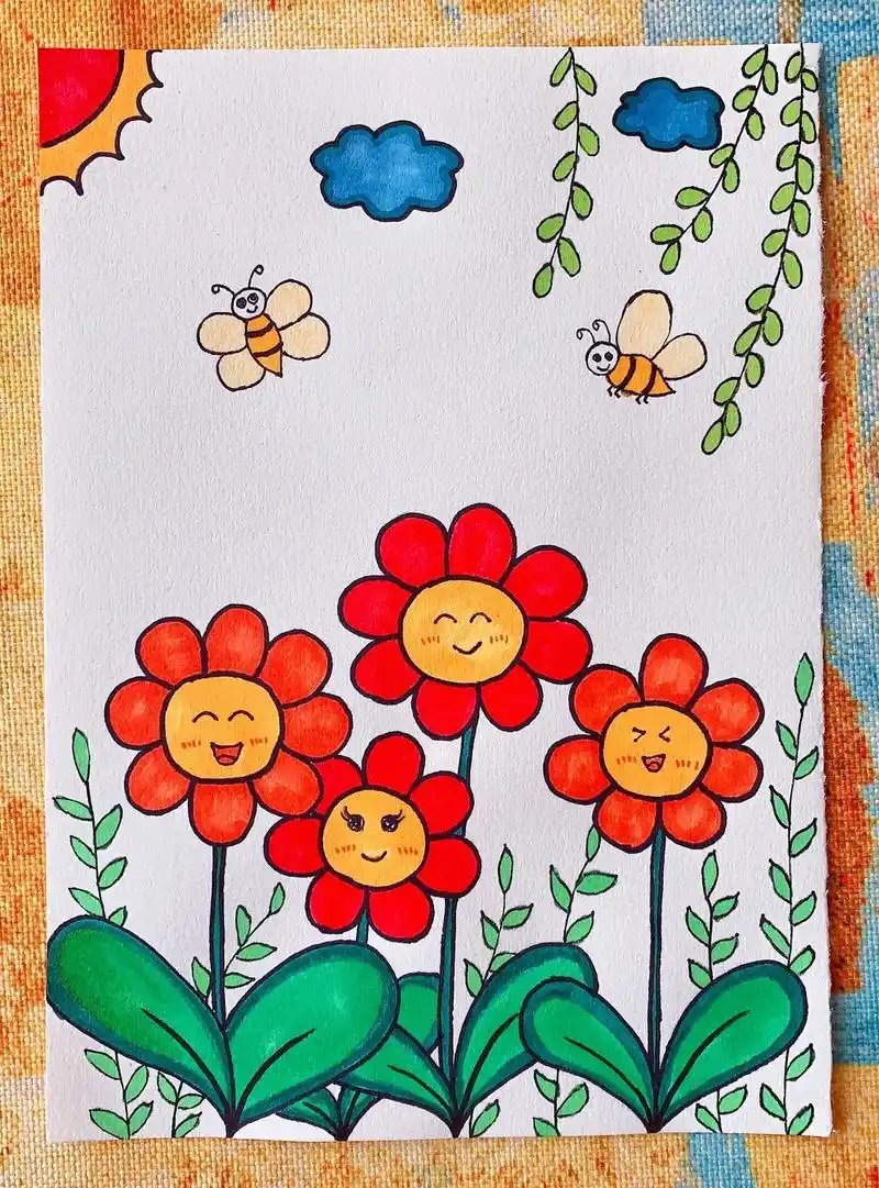 小学生儿童简笔画(春天主题画)#创意儿童美术 #宝宝爱画画  - 抖音