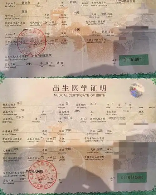 晒出一双儿女的出生证明,出生医学证明显示,她和孙悦的一双儿女都是在