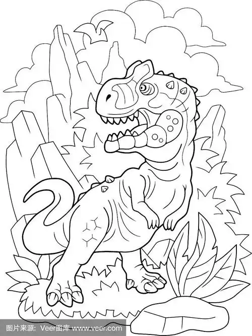 掠食性恐龙异特龙,着色书,有趣的插图