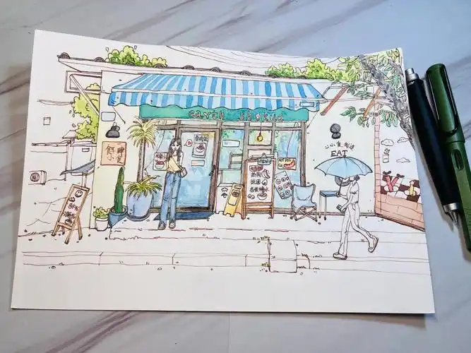 凌美钢笔淡彩手绘临摹小吃店