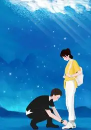 浪漫情侣蓝色背景前男生帮女生系鞋带