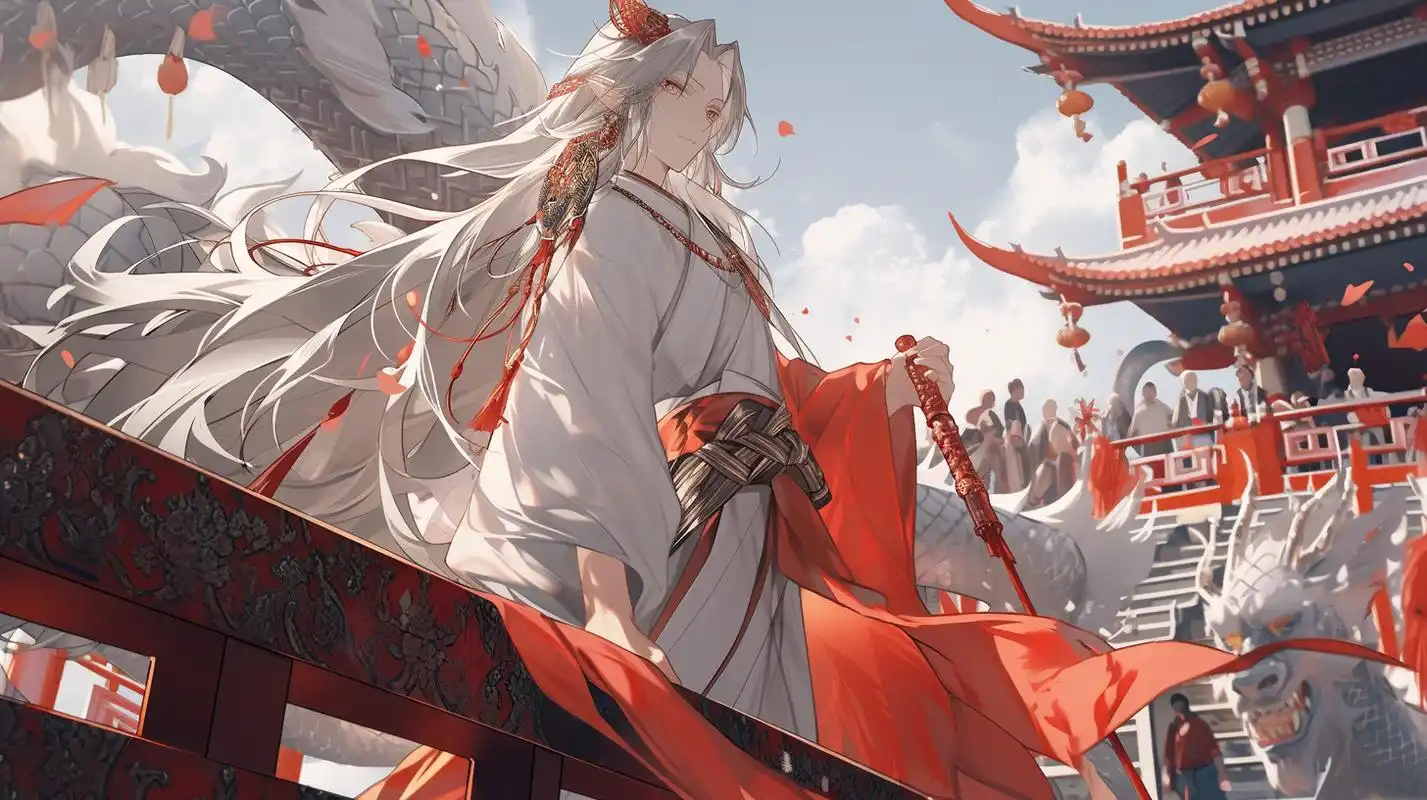 古风红绸白衣执剑人