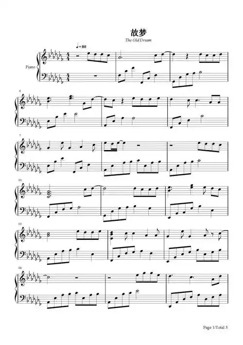 故梦钢琴谱_双笙_降c调 _流行钢琴谱五线谱独奏谱_钢琴谱|钢琴五线谱