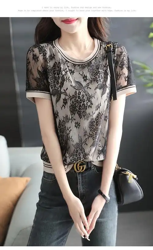 轻奢高档品牌tyburn雷丝短袖高档上衣女黑色圆领新款夏装士洋气小衫