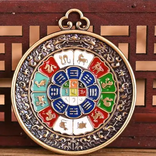 彩绘九宫八卦牌西藏藏式八吉祥背面带字佛牌吊坠藏传佛教用品腰牌