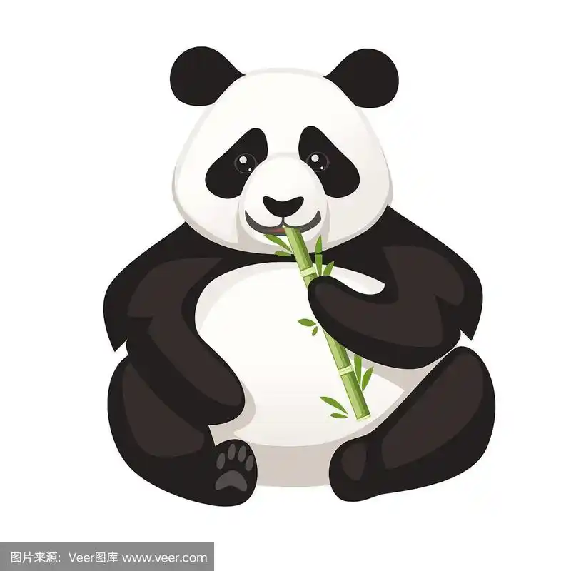 可爱的大熊猫坐在地板上,抱着竹子和吃树枝的卡通动物设计平面矢量