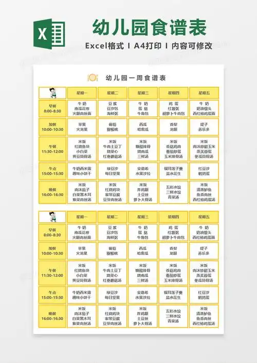 幼儿园一周食谱表execl模板