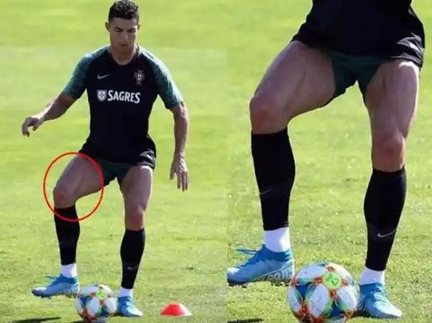 c罗撩起裤脚秀肌肉!34岁了大腿还这么粗,魔鬼筋肉人的震撼