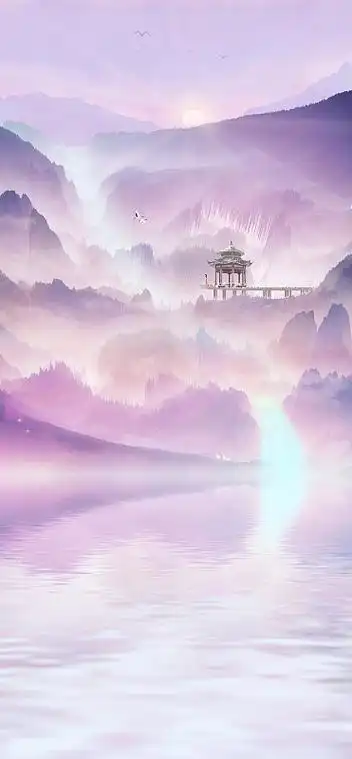 古装少女户外旅游欣赏美景鲜花随风飘落中国风山水插画背景海报图片