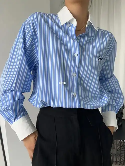bysense通勤又休闲蓝白竖条纹撞白边衬衫