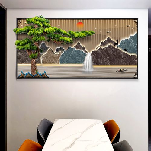 创意新中式大型长方形灯光画茶室客厅沙发背景墙玄关装饰画山水画