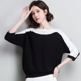 夏装t恤女装中袖蝙蝠衫上衣服胖mm加肥加大码拼色体恤冰丝针织t恤