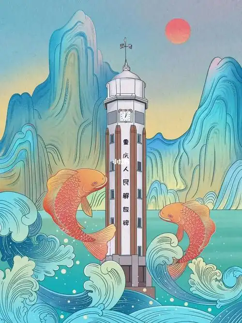 重庆解放碑国风原创插画