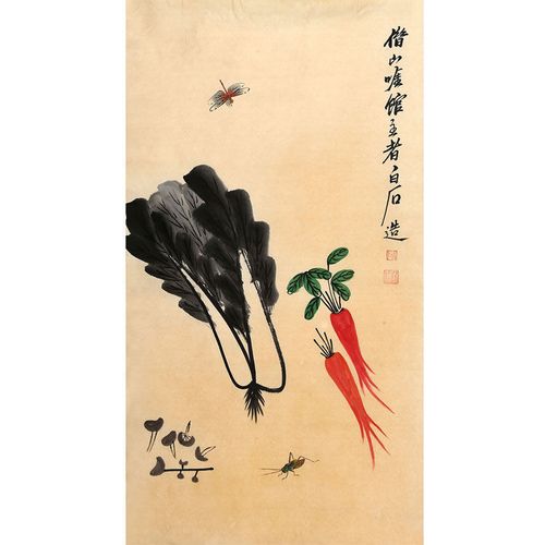 名人字画齐白石字画手绘三尺国画白菜草虫蝴蝶萝卜送证书居家装饰