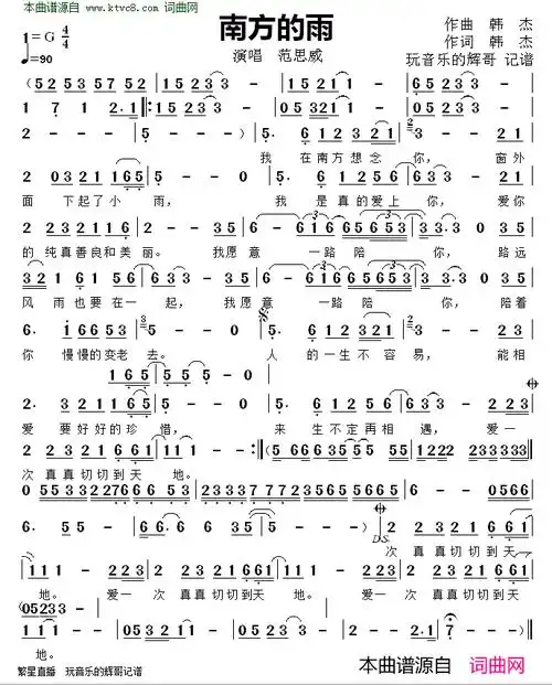 南方的雨简谱-范思威演唱-韩杰/韩杰词曲1