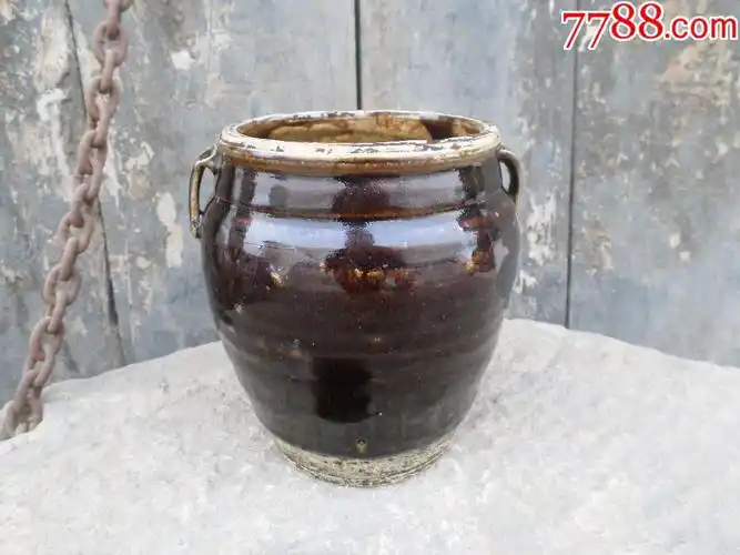 古玩杂项老旧物件晚清民国酱黄色黑色釉两系陶瓷罐老油罐老瓷盐罐