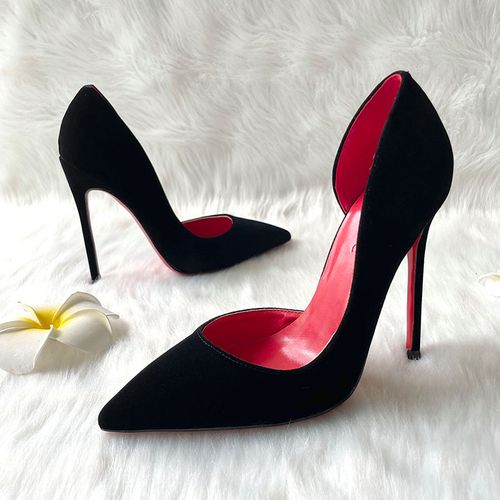 黑色天鹅细绒侧空超细性感恨天高夜店约会大码小码高跟鞋