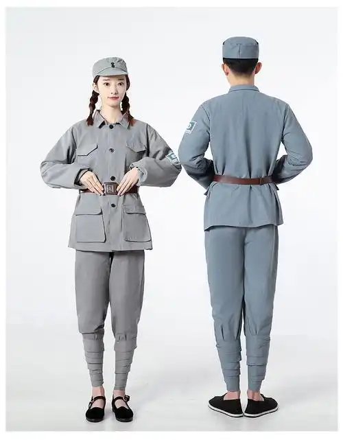 红军演出服话剧抗战八路军新四军衣服小红军长征服装棉麻灰红180cm