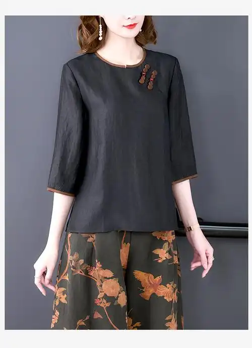 香云纱女装七分袖上衣阔腿裤宽松休闲中年大码显瘦 - 17网