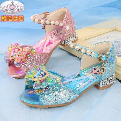 女童高跟凉鞋2022夏季新款爱莎冰雪公主鞋儿童软底露趾表演水晶鞋